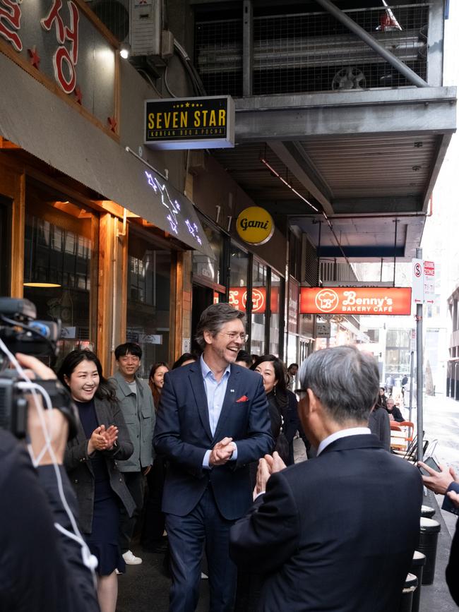 Melbourne lord mayor Nick Reece outside Seven Star Pocha and Gami Chicken in Koreatown