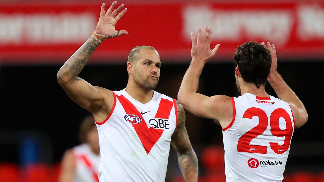 Lance Franklin of the Swans celebrates. Picture: Kelly Defina