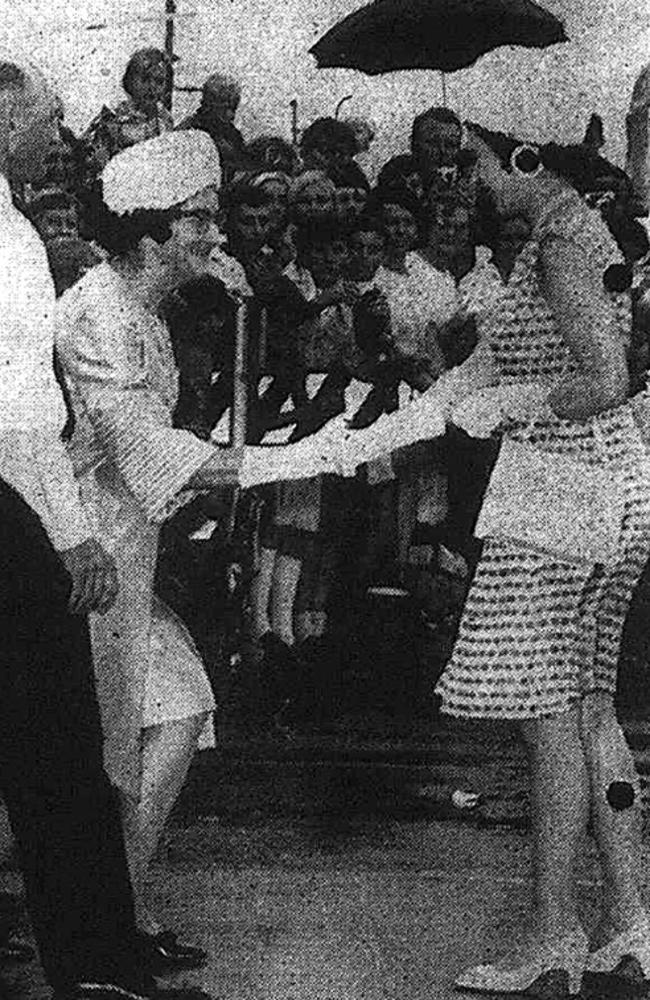 Mayor of Mackay, Ald. Albert Abbott presents his wife, Mrs Gwen Abbott, to Queen Elizabeth II during the royal visit in Mackay of April 1970. Photo: Contributed