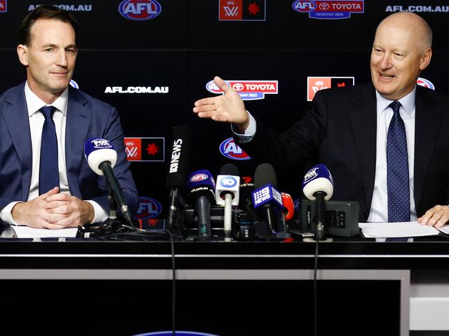 MELBOURNE, AUSTRALIA - MAY 01: Incoming CEO Andrew Dillon and Richard Goyder, Chairman of the AFL speak with media during the AFL CEO Announcement at Marvel Stadium on May 01, 2023 in Melbourne, Australia. (Photo by Michael Willson/AFL Photos via Getty Images)