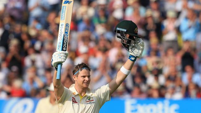 Australia's Steve Smith celebrates his century on the opening day of the first Ashes cricket Test match between England and Australia at Edgbaston in Birmingham.