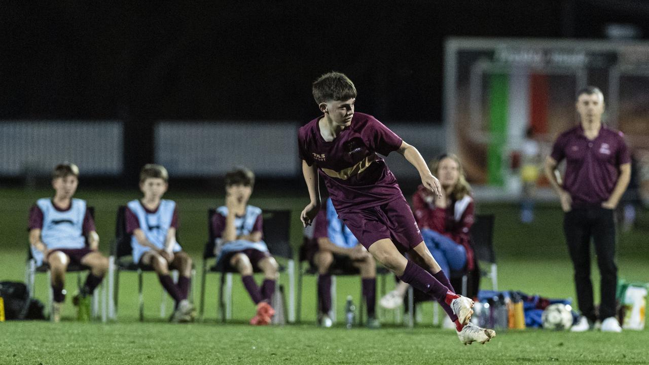 Lachlan Bateman for TAS United against Willowburn in Football Queensland Darling Downs Community Juniors U13 Junior League grand final at Clive Berghofer Stadium, Friday, August 30, 2024. Picture: Kevin Farmer