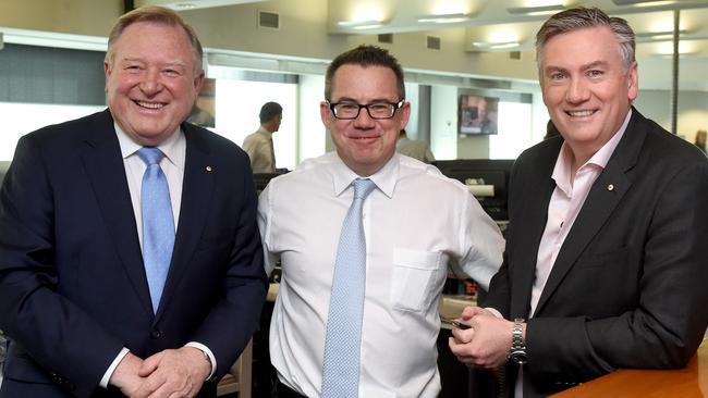 Nine's Peter Hitchener, Sunday Herald Sun editor Nick Papps, and Eddie McGuire in the newsroom. Picture: Tony Gough