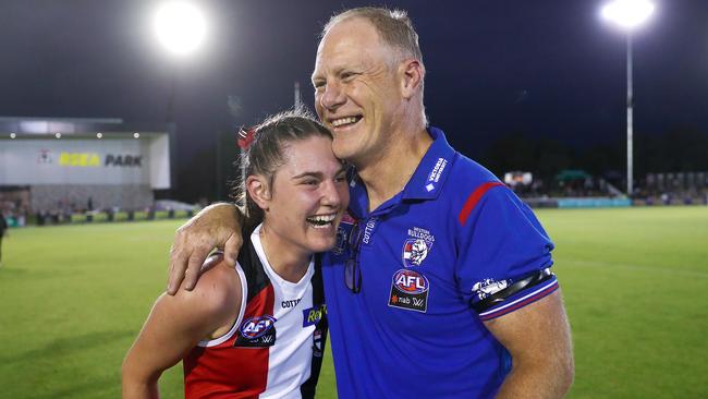 Special moment: daughter Alice after her debut for St Kilda’s AFLW team, which her father coaches.