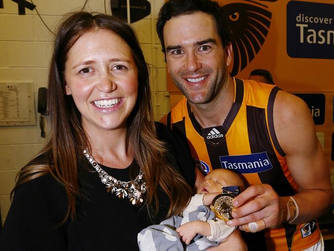 Jordan and Lucy with baby Freddie after the 2015 Grand Final win. Picture: Colleen Petch