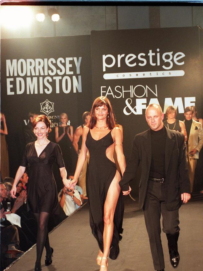 Model Helena Christensen with designers Leona Edmiston &amp; Peter Morrissey in Sydney for promotion of their label.