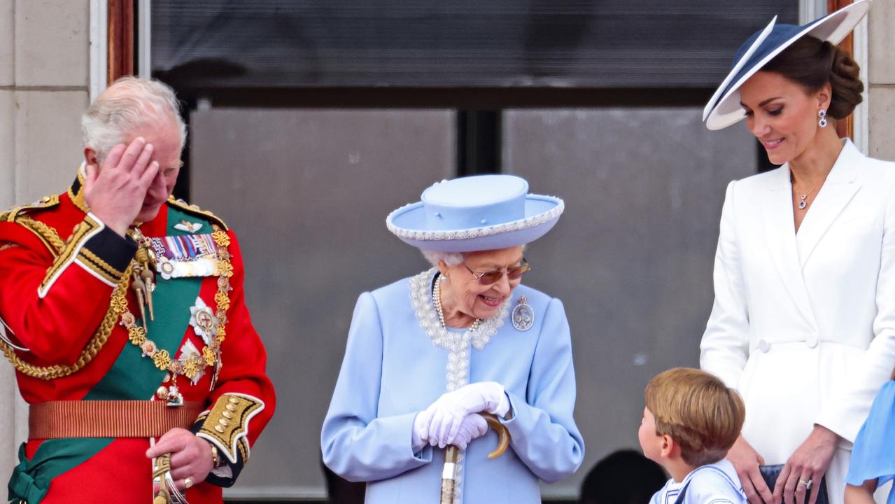 The Queen talks to Prince Louis during the RAF fly-past as part of the Trooping The Colour. Picture: Chris Jackson/Getty Images