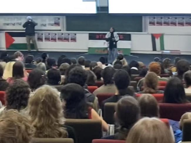 Pictures from inside the lecture theatre at the Student General Meeting. Picture: Usyd Students for Palestine