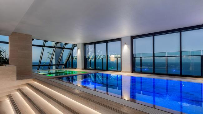 The indoor lap pool in the penthouse being sold by Culture Kings founders, Simon and Tah-nee Beard. Image supplied.