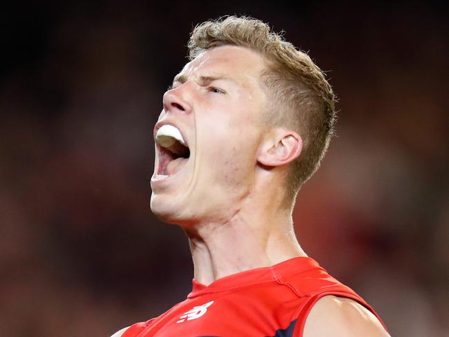 MELBOURNE, AUSTRALIA - SEPTEMBER 14: Jake Melksham of the Demons celebrates a goal during the 2018 AFL First Semi Final match between the Hawthorn Hawks and the Melbourne Demons at the Melbourne Cricket Ground on September 14, 2018 in Melbourne, Australia. (Photo by Michael Willson/AFL Media/Getty Images)