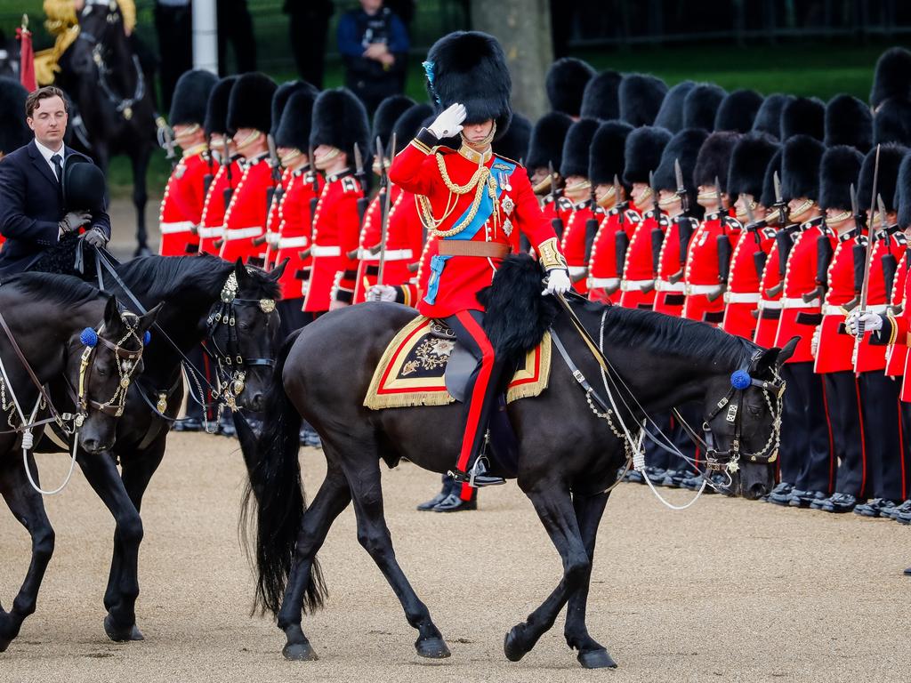 Prince William, Colonel of the Irish Guards, leads The Colonel's Review at Horse Guards Parade, which is the final evaluation of the Trooping the Colour parade before the event. Picture: Tristan Fewings/Getty Images