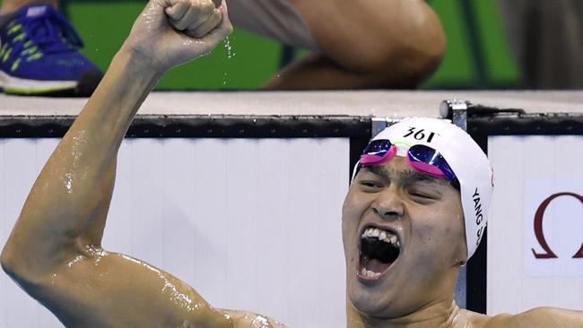 Sun Yang after winning the 200m freestyle at Rio has declared he is the ‘king of the world’ but has attracted criticism for his ‘shark’ teeth and positive drug tests. Picture: AFP/Christophe Simon