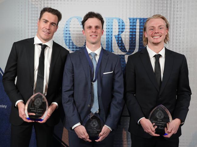 The top three in last year’s Carji Greeves medal — Jeremy Cameron (3rd), winner Max Holmes and Zach Guthrie (2nd). Picture: Mark Wilson