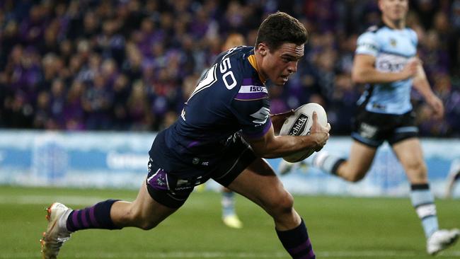 Brodie Croft scores a try for the Storm against the Sharks. Picture: AAP