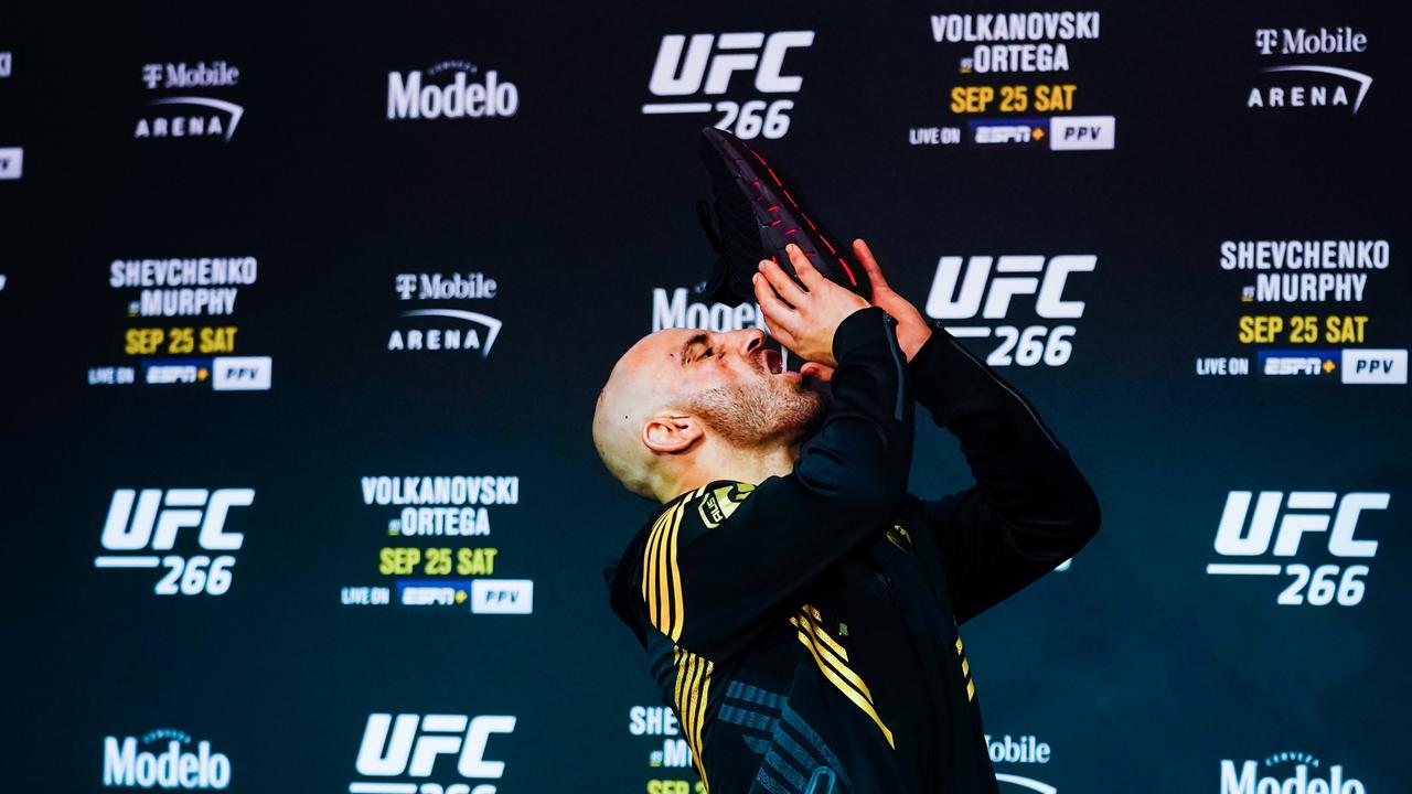 Volkanovski finished his press conference with a shoey. Picture: Getty