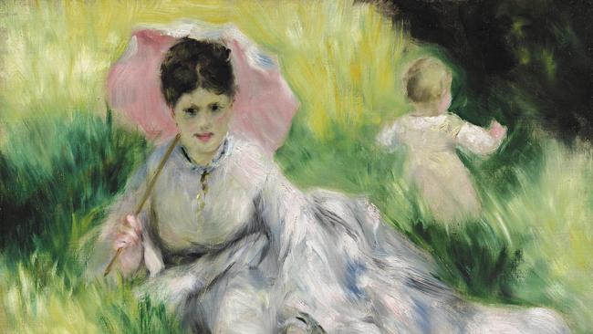 Pierre-Auguste Renoir, French 1841–1919 Woman with a parasol and small child on a sunlit hillside c. 1874–76 oil on canvas, 47.0 x 56.2 cm Museum of Fine Arts, Boston. Bequest of John T. Spaulding Photography © Museum of Fine Arts, Boston. All Rights Reserved