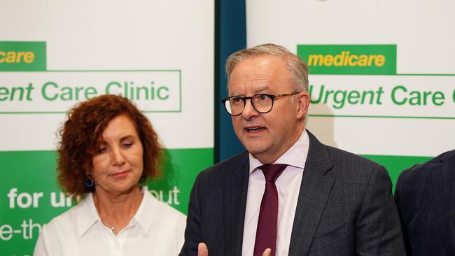 Prime Minister, Anthony Albanese and Labor candidate for Dunkley Jodie Belyea giving a press conference at the Urgent Care Clinic in Frankston.