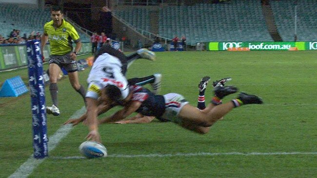 Penrith's Dallin Watene-Zelezniak's no-try against the Roosters