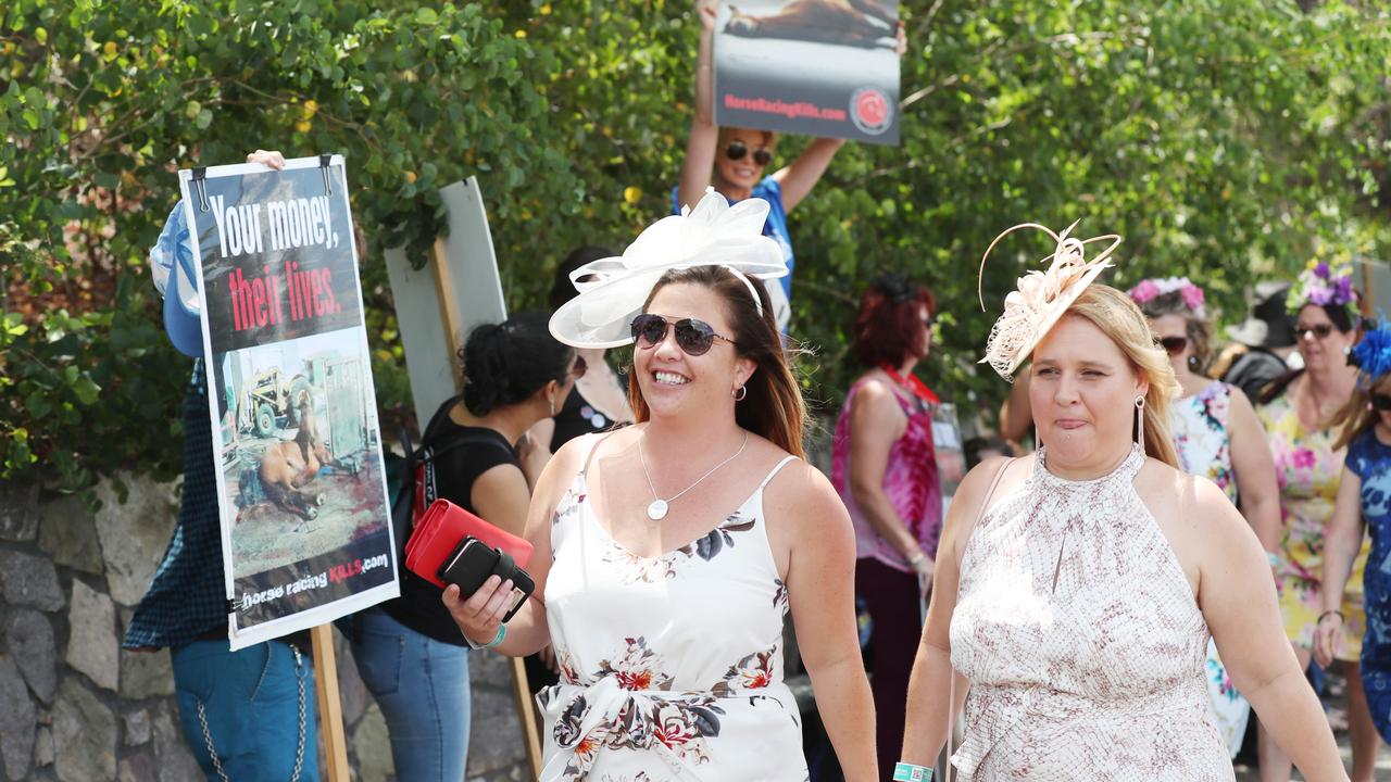 Protesters are staging a demonstration outside Eagle Farm in Brisbane. Picture: Annette Dew