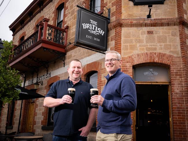 Owners of The British, Ryan Hughes and Matthew Kelly outside of the pub which has been running since 1838 in North Adelaide. Picture: Morgan Sette