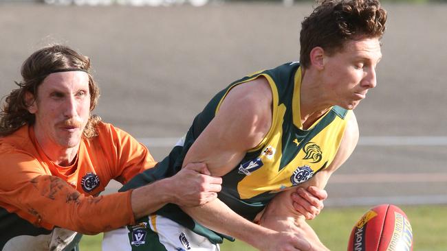 Senior Football GFL: Geelong West v Leopold. Leopold 27 Jake Pitt and 67 for Geelong West Tylar Watts Picture: Mark Wilson