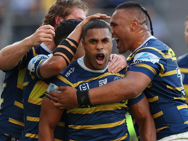 Jennings celebrates after scoring a try during the Parramatta v Brisbane Elimination NRL final in 2019. Picture: Brett Costello