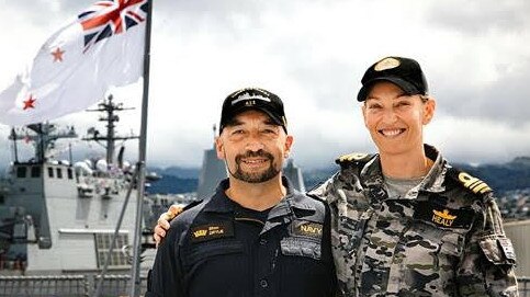 Lieutenant Commander Kimberley Healy, Principle Warfare Officer from Sea Combat Command alongside New Zealand navy Lieutenant Commander Elton Drylie aboard HMNZS Aotearoa during Exercise Rim of the Pacific (RIMPAC) 2024, at Joint Base Pearl Harbor-Hickam, Hawaii. Photo: Supplied