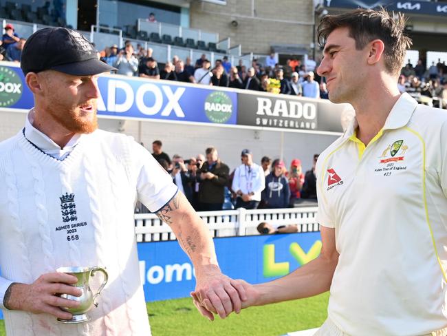LONDON, ENGLAND - JULY 31: Ben Stokes of England and Pat Cummins of Australia interact following Day Five of the LV= Insurance Ashes 5th Test Match between England and Australia at The Kia Oval on July 31, 2023 in London, England. (Photo by Gareth Copley/Getty Images)
