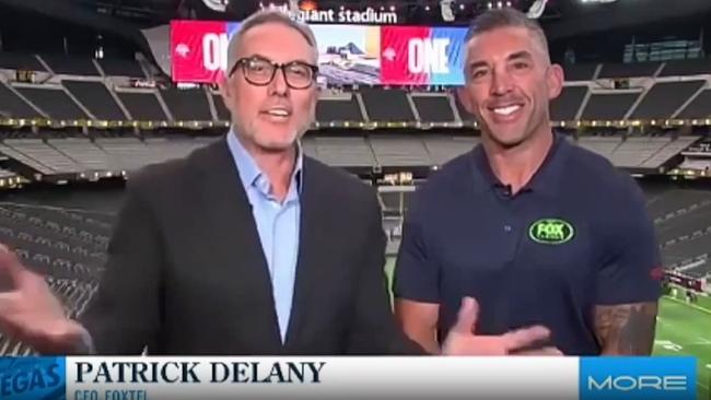 Patrick Delany and Braith Anasta pitching the NRL to US audiences. Photo: Supplied.