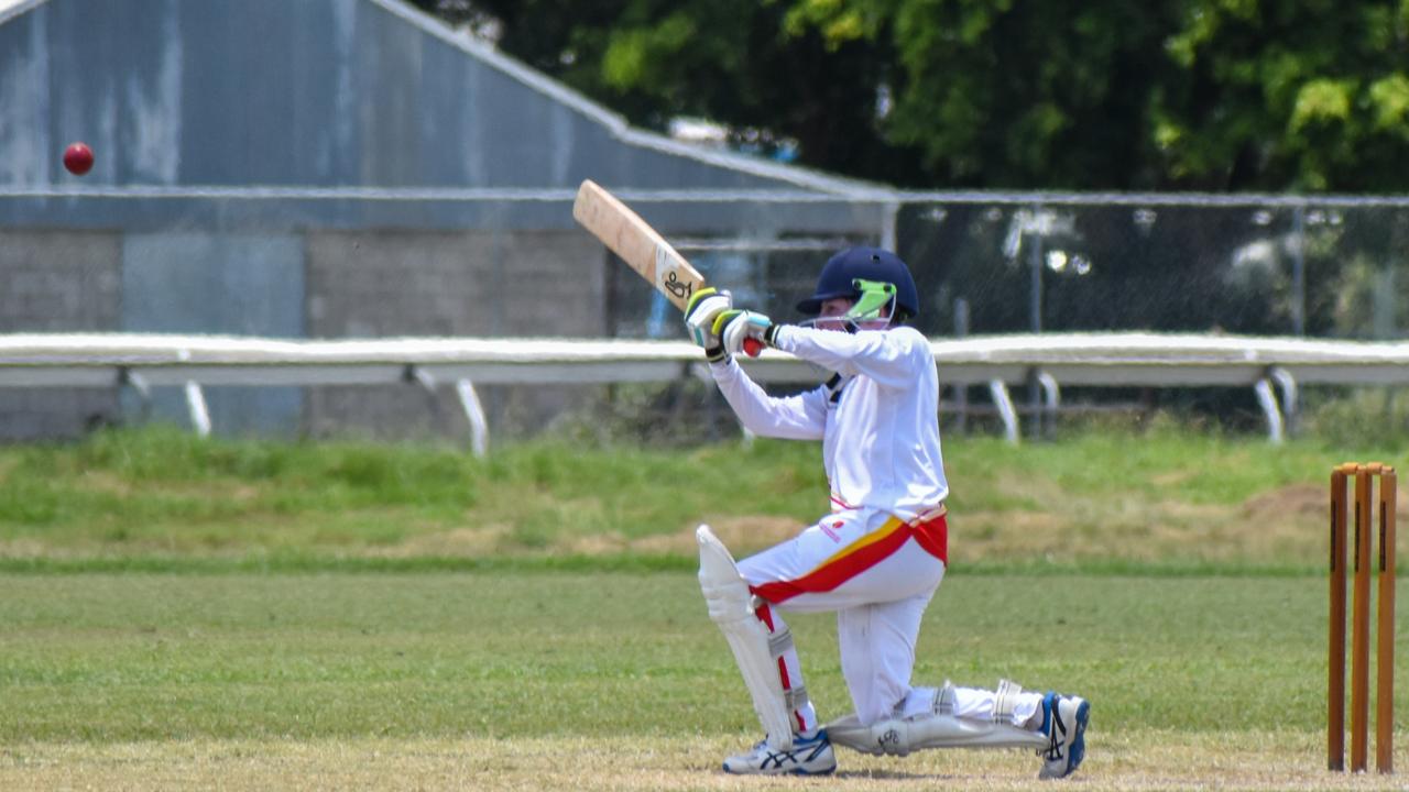 North Queensland's Elijah Smith hits a lofted drive at the Under-13 Zone Championships in Home Hill, December 2022. Picture: Queensland Cricket