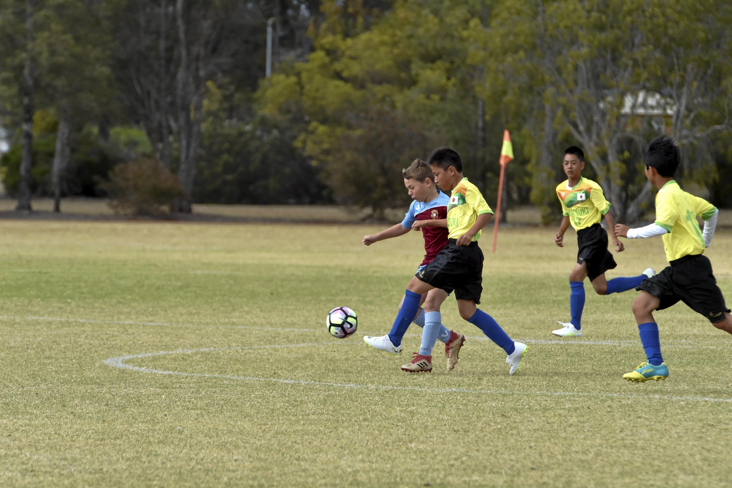 Takatsuki and St Alban's under 12's. Friendly football games between Japanese teams from Takatsuki  and Toowoomba taking palce this weekend at Middle Ridge Park. August 2018. Picture: Bev Lacey