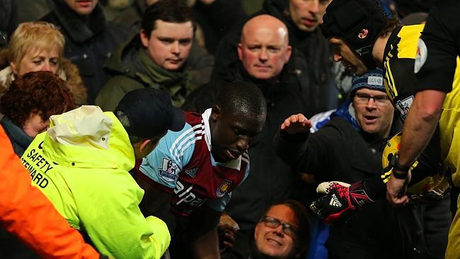 Mohamed Diame suffered a nasty fall into the crowd. 