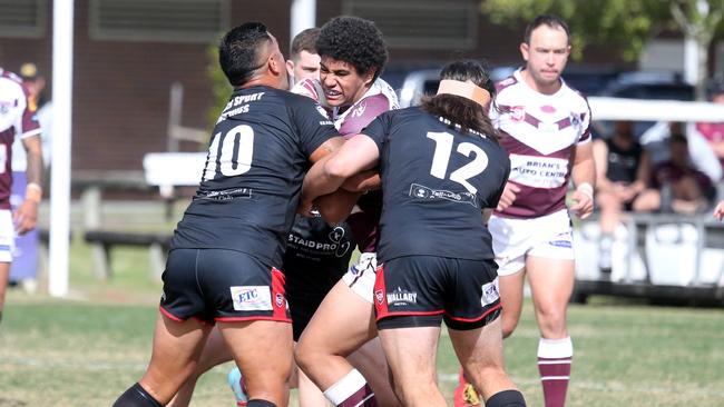 Action shots of the Burleigh Bears taking on Mudgeeraba Redbacks at Pizzey Park. Aston Bai tackled. 21 August Miami Picture by Richard Gosling