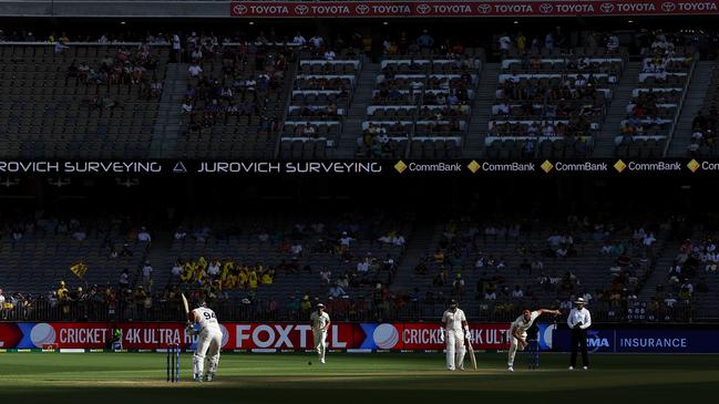 Mitch Marsh bowls during day two of the first Test match between Australia and Pakistan at Optus Stadium on Friday, December 15, in Perth. Picture: Will Russell/Getty Images