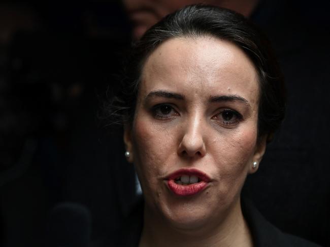 Stella Moris, partner of WikiLeaks founder Julian Assange, speaks to the media outside the Old Bailey court in London on Monday. Picture: AFP