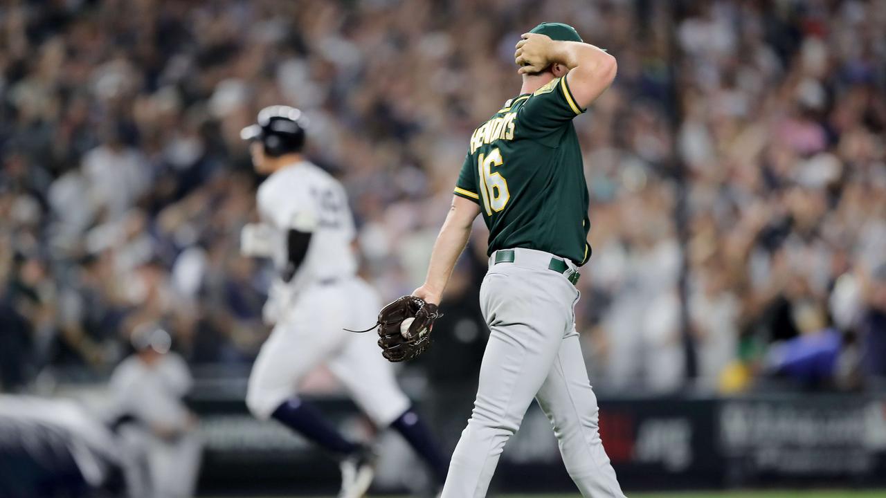 Aussie MLB pitcher Liam Hendriks reacts after giving up a two-run home run to Aaron Judge.