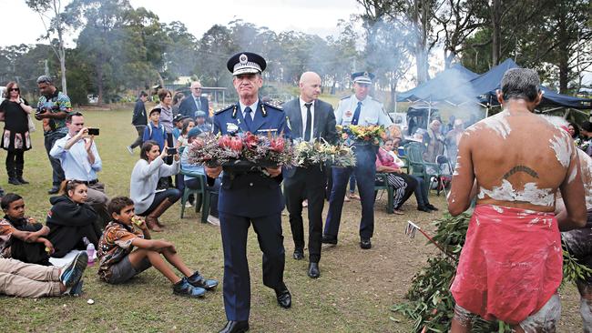 NSW Commissioner of Police Andrew Scipione with Gary Jubelin and Inspector Guy Flaherty at a ceremony with the families of the Bowraville victims in 2016. Picture: The Australian.