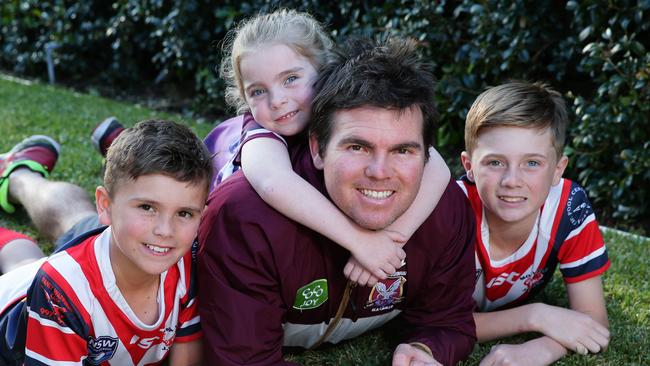 Sea Eagles legend Jamie Lyon with his children Jed, Ava and Riley at home on the northern beaches.  : Picture: Adam Ward