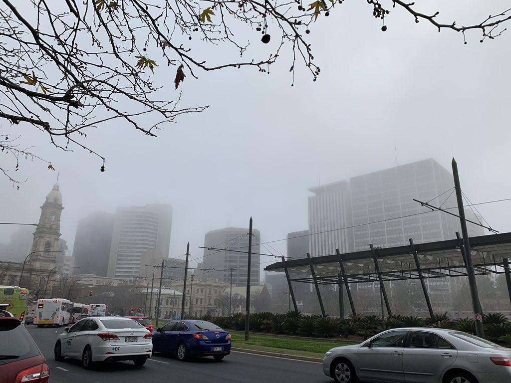 Fog over Victoria Square on Tuesday morning. Picture: Chloe Briddon