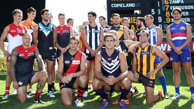 AFL skippers chat between photos at Adelaide Oval. Picture: Sarah Reed