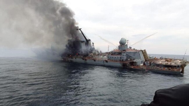 Two Neptune cruise missiles, which Kyiv designed and developed for a reported total cost of $US40m ($57.7m), sunk the Russian flagship Moskva, estimated by Forbes to cost $US750m. Picture: OAlexanderDK / Twitter