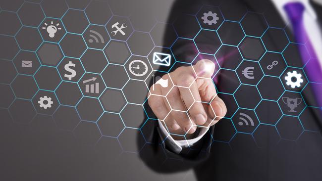 Business man touch screen concept - Hexagonal BusinessBlockchain istock