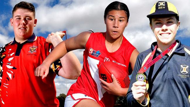 Young athletes to watch in 2021 (L-R) Hammer thrower Jett Carlin, North Adelaide SANFLW star Hannah Ewings and Scotch College cricketer Jed Obst.