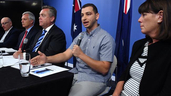 Shady Eskander at a press conference earlier this year where an independent report was released on the Opal Tower building defects.