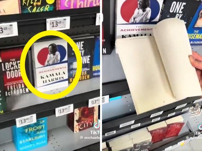 A books titled "The Achievements of Kamala Harris" is being sold in Walmarts across America. Picture: TikTok