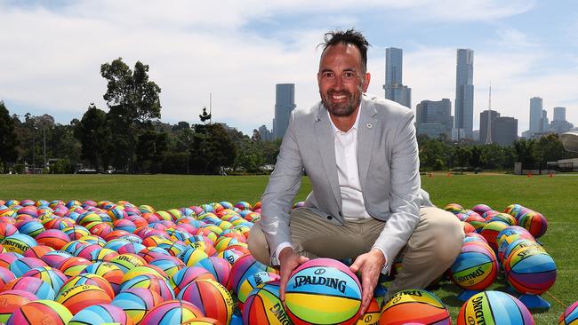 NBL CEO David Stevenson poses with rainbow basketballs to celebrate the return of the 2024 Champion Pride Round. (Photo by Graham Denholm/Getty Images)