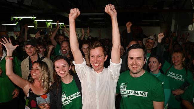 The Greens' Max Chandler-Mather celebrates winning the Queensland seat of Griffith. Picture: Dan Peled/Getty Images