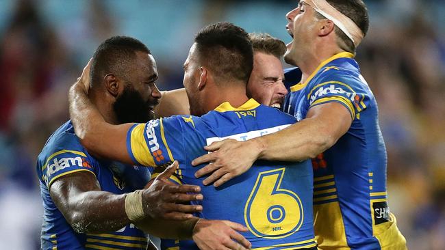 Semi Radradra of the Eels celebrates scoring a try.