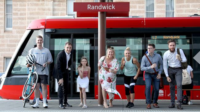 Competitors at the start of the Great Light Rail race starting from Prince of Wales Hospital tram stop in Randwick to The Daily Telegraph office in Surry Hills. From left: Mitchell van Homrigh, Ben English, Ella English, Wendy Fitzgibbon, Kristi Miller, Gary Hamilton-Irvine and Anton Rose. Picture: Damian Shaw