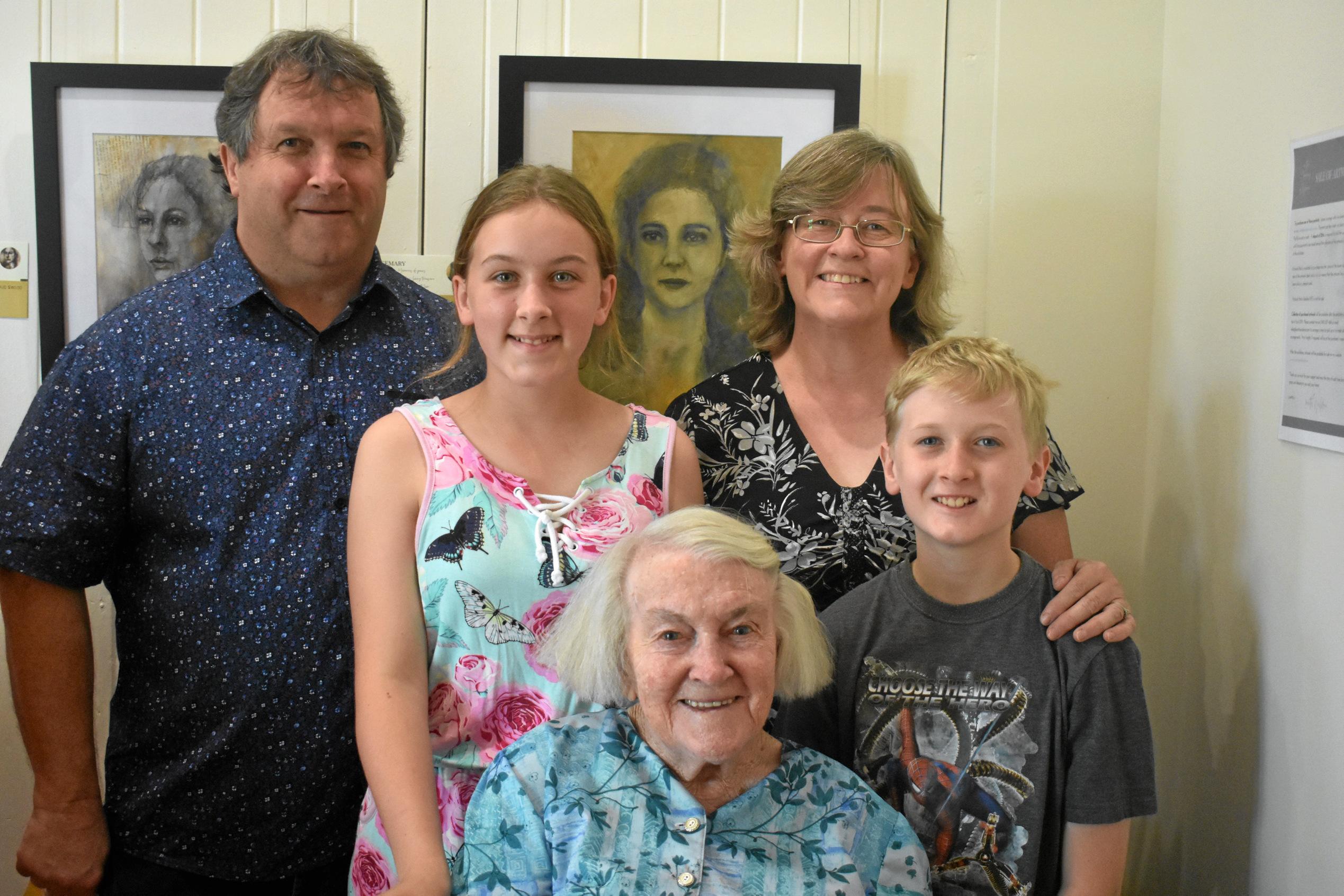 Gordon, Jessica, Janet and Matthew Rowlings with Mavis Beaufoy  at the opening of Loretta Waldron's In the Company of Women. Picture: Ellen Ransley